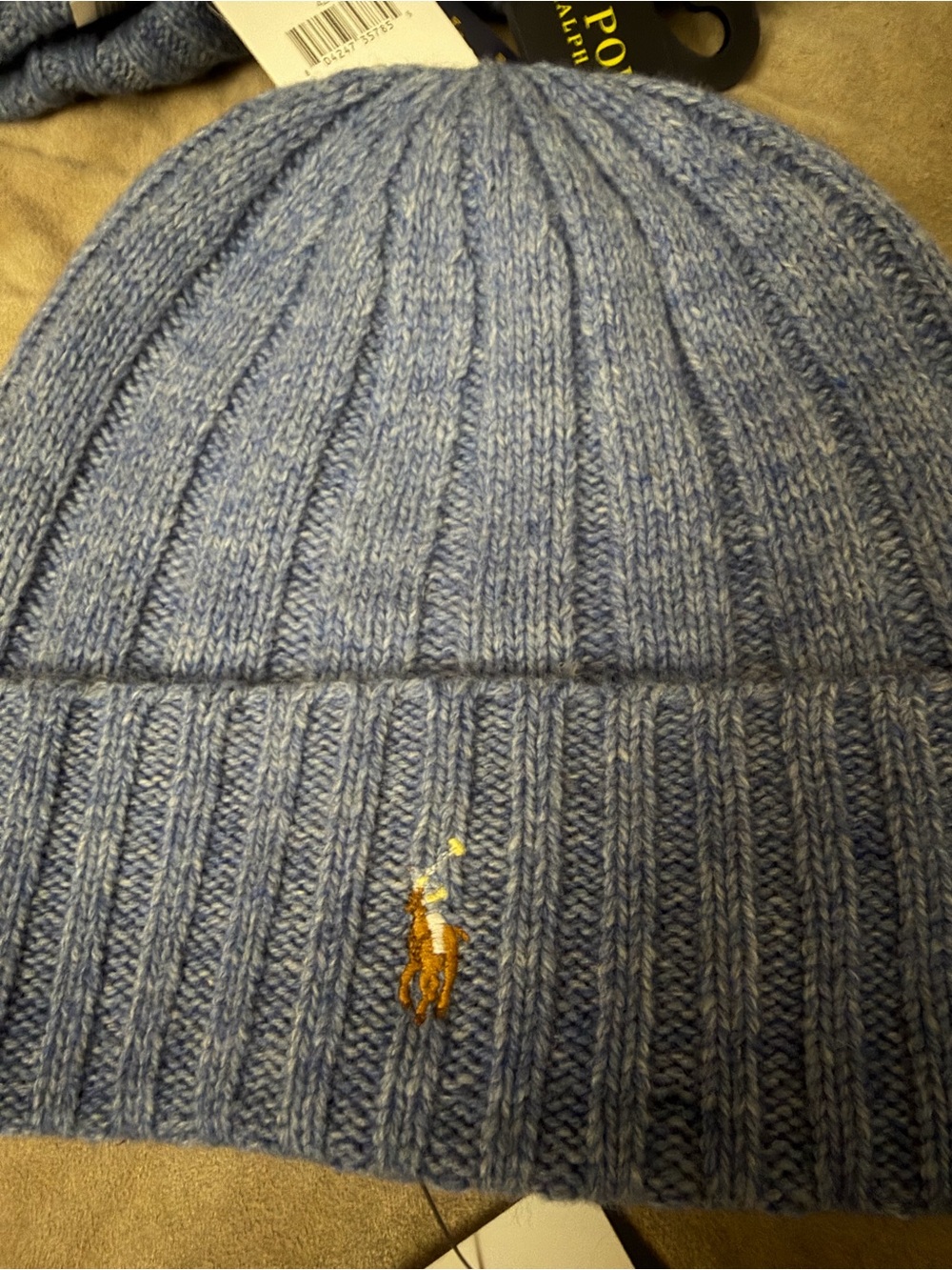 Polo by Ralph Lauren Light Blue Ribbed Knit Beanie with Embroidered Pony